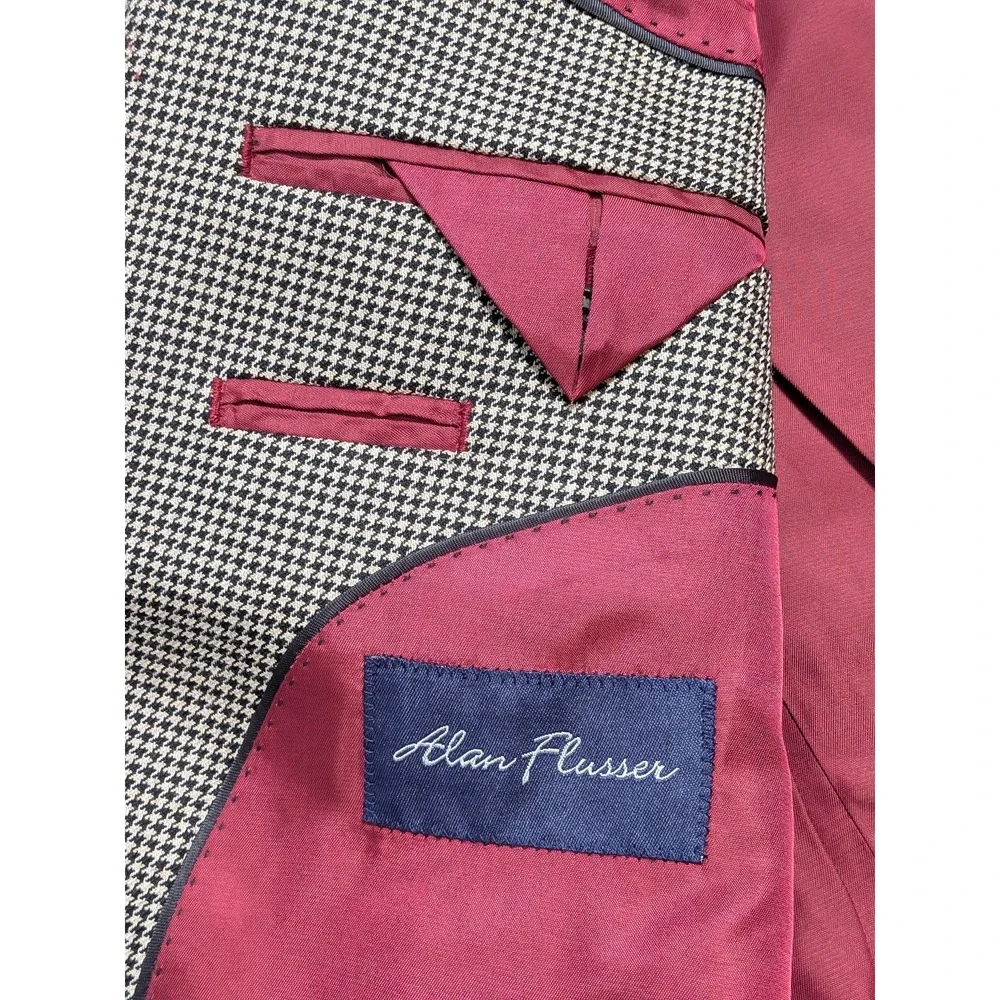 Alan Flusser Men's Blazer 44L Worsted Wool Brown Houndstooth Suit Jacket Coat